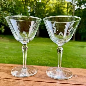 Libbey Crystal Windswept Etched 6” Sherbet Wine Glasses Set of 2 Vintage